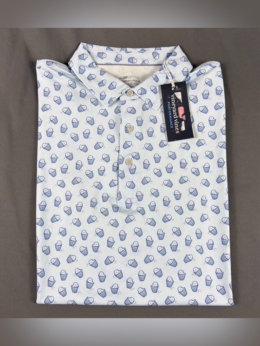 Vineyard Vines Golf Shirt Polo Sleeve Logo Range Buckets Print XL Blue MSRP $110
